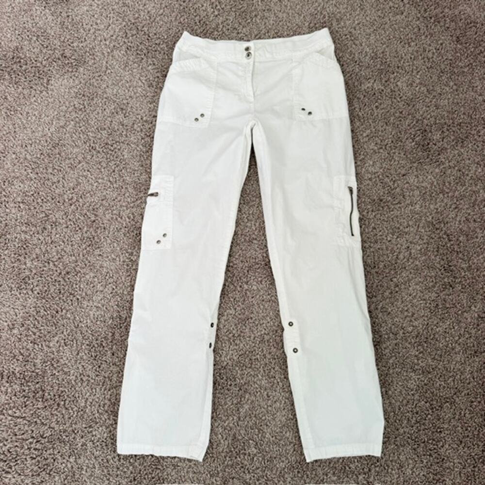 Chico's 1 White Cargo Pants Utility Pockets Roll-Tabs Crop Capri Women's Medium